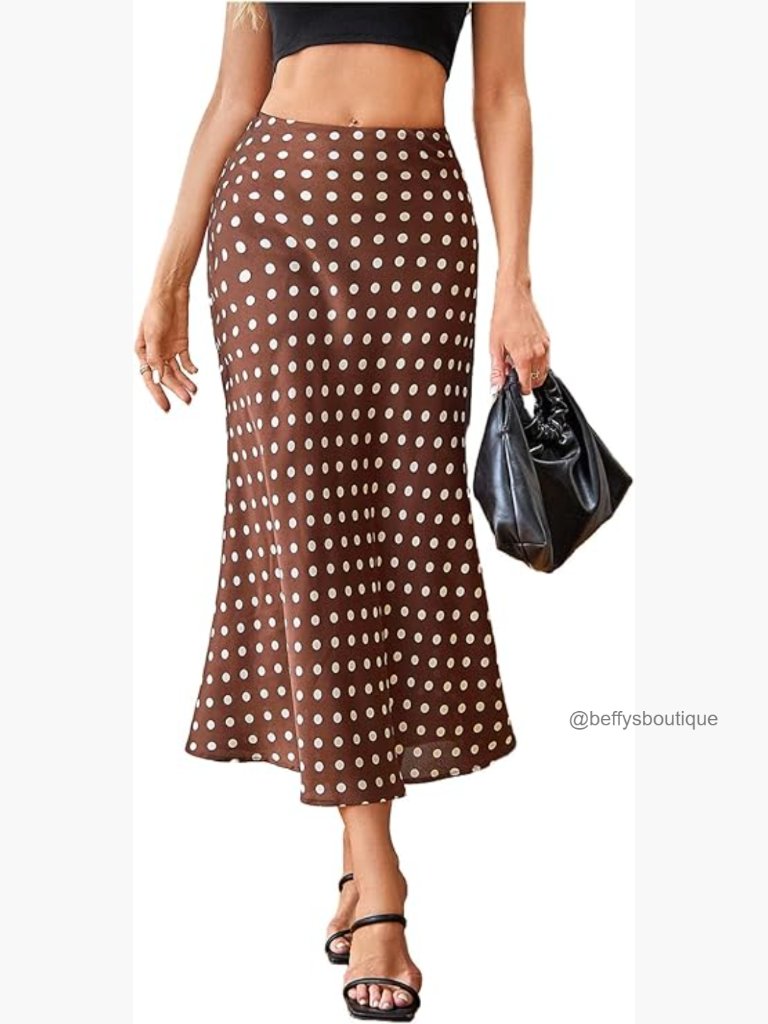 Polka Dot Midi Skirt Satin Silk High Waist Flowy Pencil Long